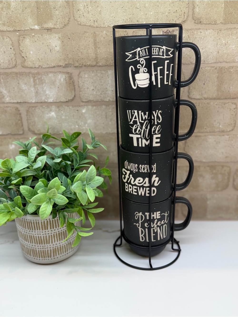 Stackable Coffee Mugs in Stand - Black, Set of 4, Each hold approx 12 oz.